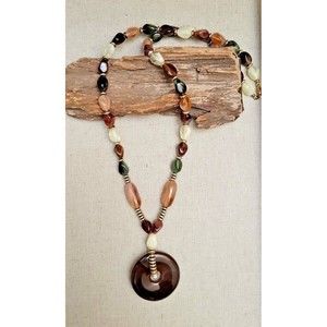 Vintage 1970's Boho Earth Tones Acrylic Variegated Beaded Long Necklace Pendant